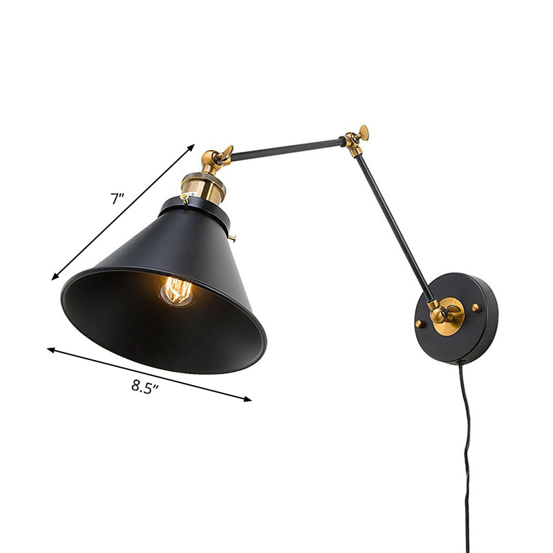 Kalsten | Iron Black Finish Reading Wall Lamp Roll-Edge Conical Single Industrial Plug/Plug-less Wall Lighting with Swingarm