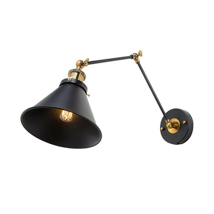 Kalsten | Iron Black Finish Reading Wall Lamp Roll-Edge Conical Single Industrial Plug/Plug-less Wall Lighting with Swingarm