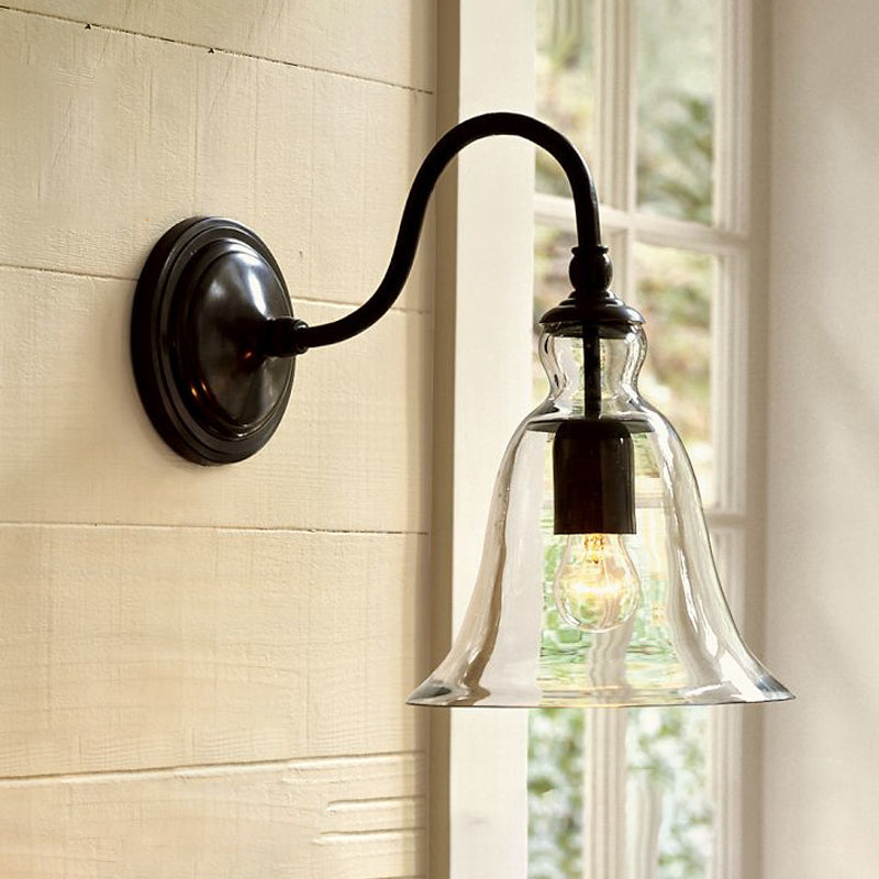 Vintage Gooseneck Wall Mount Light Single-Bulb Clear Flared Glass Wall Lighting in Black | Kalsten