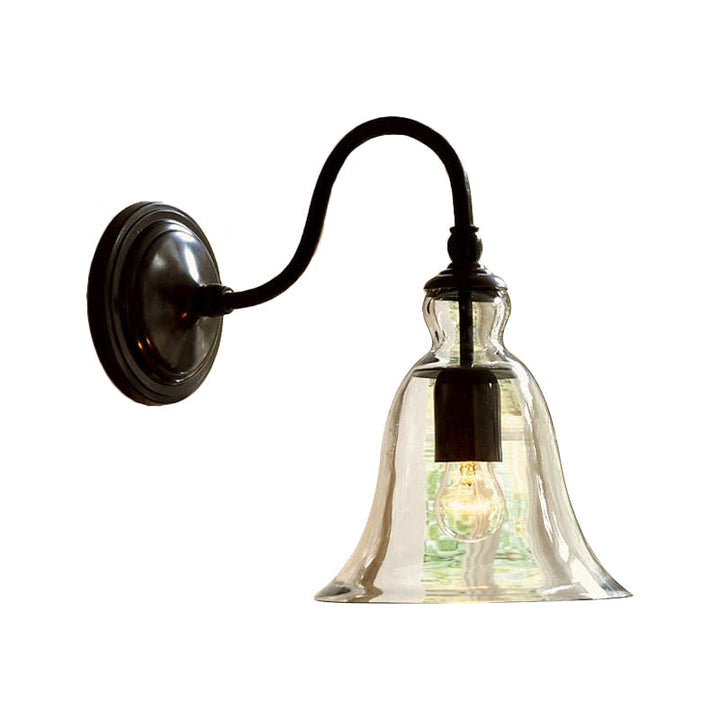 Vintage Gooseneck Wall Mount Light Single-Bulb Clear Flared Glass Wall Lighting in Black | Kalsten