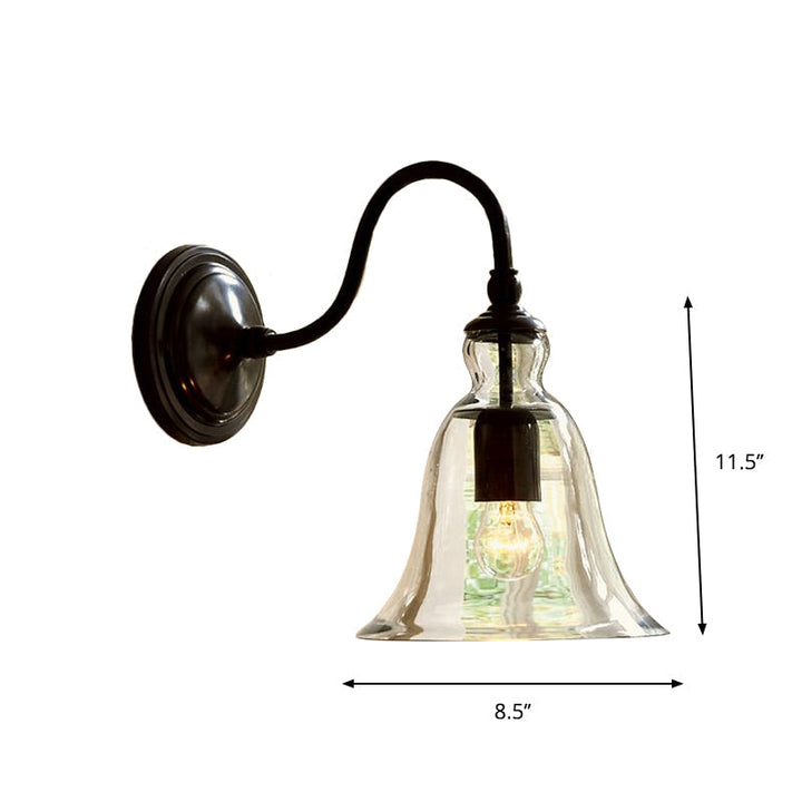 Vintage Gooseneck Wall Mount Light Single-Bulb Clear Flared Glass Wall Lighting in Black | Kalsten