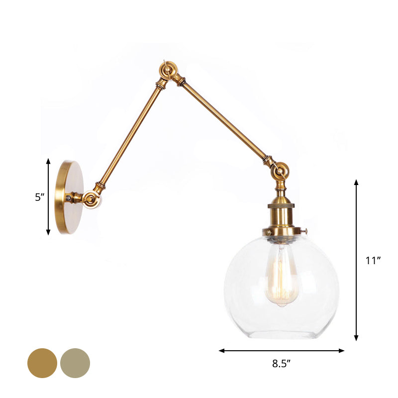 Kalsten | 1-Light Clear Glass Wall Light Fixture Aged Brass/Bronze Swing Arm Wall Lamp with Bell/Ball Clear Glass Shade