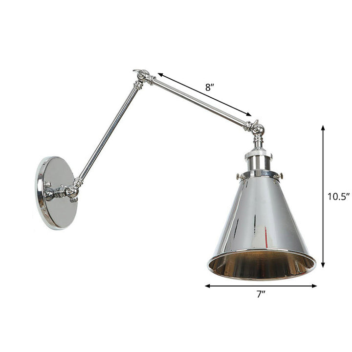 Kalsten | Saucer/Cone/Horn Nightstand Reading Wall Lamp Factory Metal Single 6"/8" W Chrome Wall-Mounted Light Fixture with Rotatable Arm