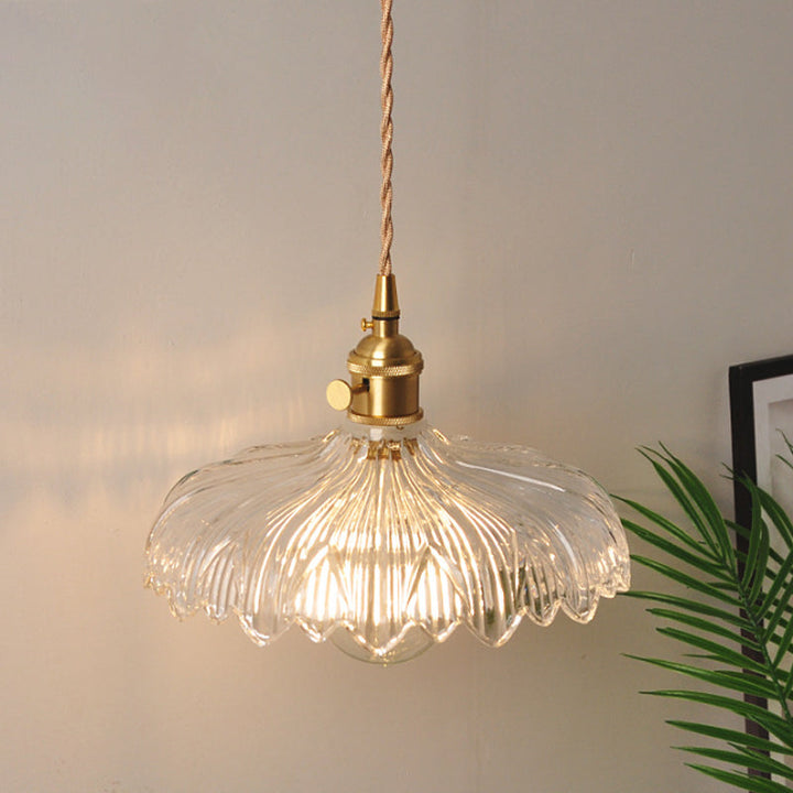 Bowl/Cylinder Bedside Wall Lighting Antique Clear Prismatic/Wavy Glass 1 Bulb Brass Wall Hanging Lamp with Rotary Switch | Kalsten