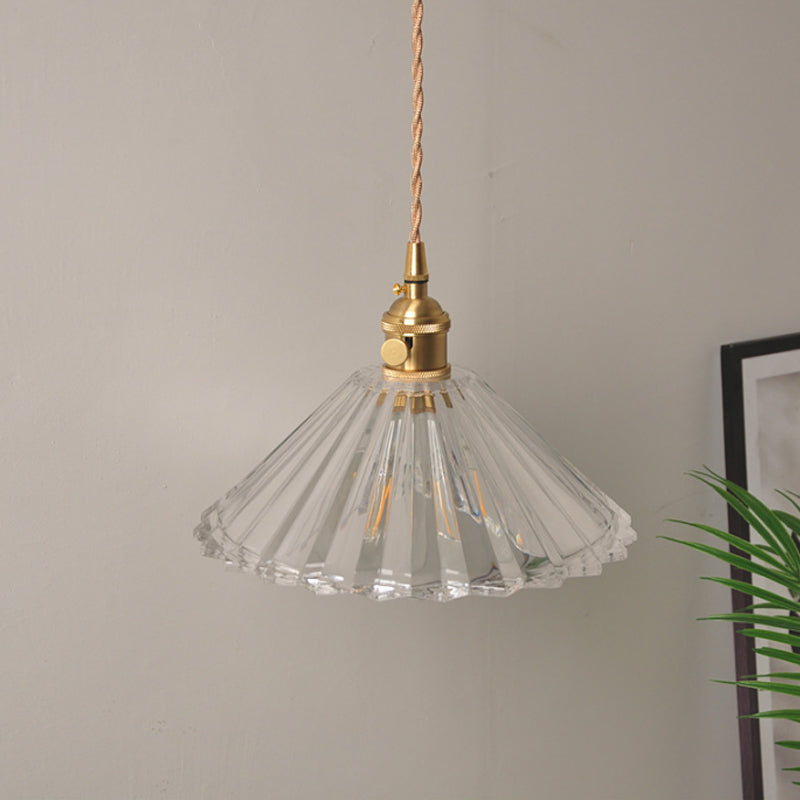 Bowl/Cylinder Bedside Wall Lighting Antique Clear Prismatic/Wavy Glass 1 Bulb Brass Wall Hanging Lamp with Rotary Switch | Kalsten