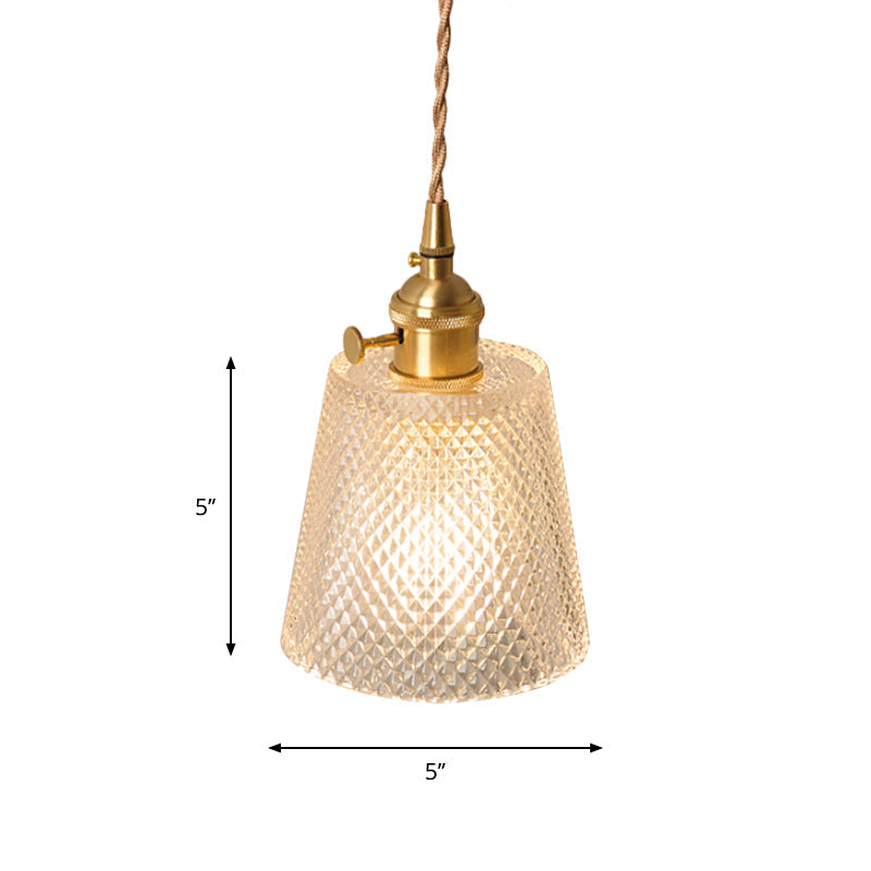 Bowl/Cylinder Bedside Wall Lighting Antique Clear Prismatic/Wavy Glass 1 Bulb Brass Wall Hanging Lamp with Rotary Switch | Kalsten