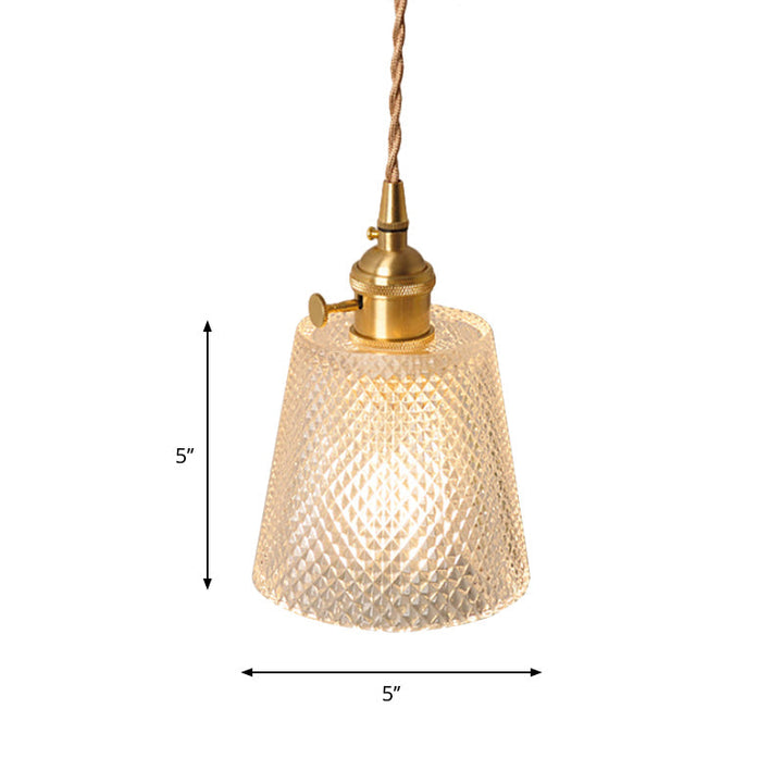 Bowl/Cylinder Bedside Wall Lighting Antique Clear Prismatic/Wavy Glass 1 Bulb Brass Wall Hanging Lamp with Rotary Switch | Kalsten