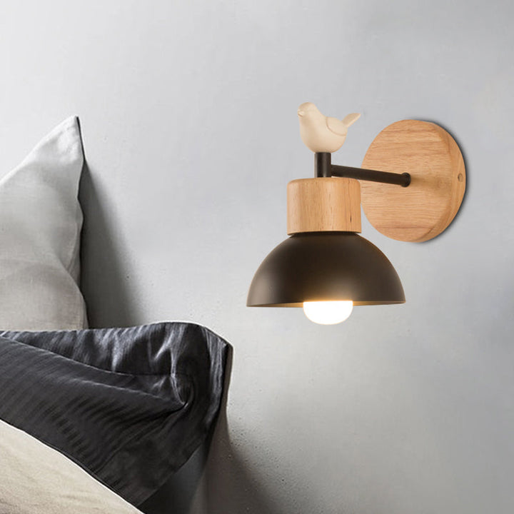 Nordic Style Sconce Light Dome 1 Bulb Metal & Wood Wall Light with Bird for Kid Bedroom | Kalsten