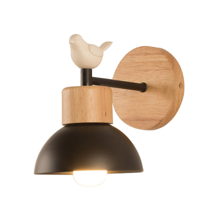 Nordic Style Sconce Light Dome 1 Bulb Metal & Wood Wall Light with Bird for Kid Bedroom | Kalsten