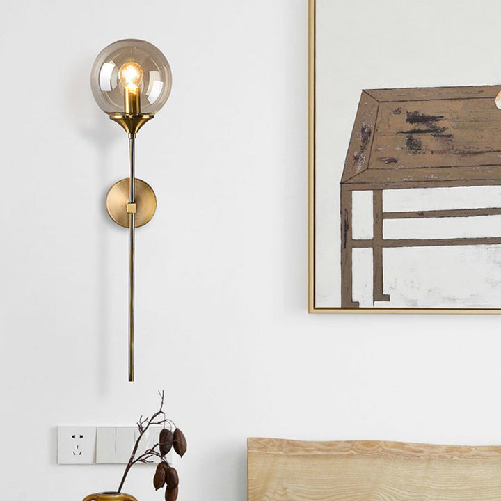 Ball Shade Pencil-Arm Wall Lighting Postmodern Clear/Amber/Smoke Grey Glass Single Brass Wall Mounted Lamp | Kalsten