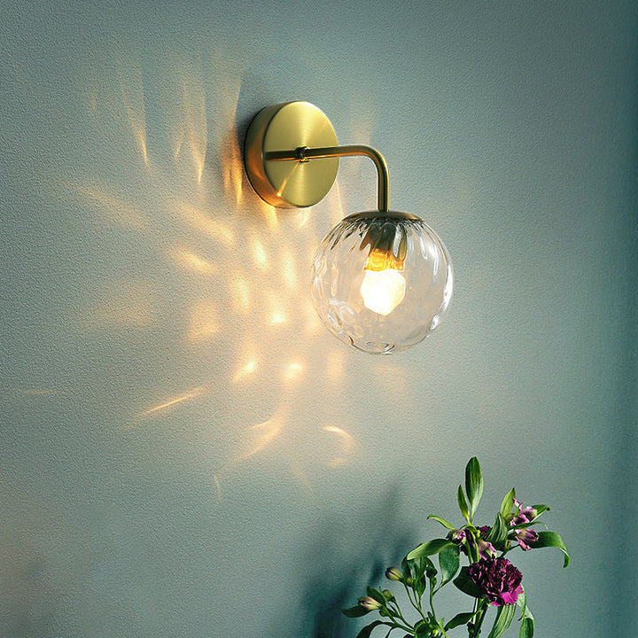 Ball Shaped Wall Lamp Minimalist Clear Rippling Glass 1-Light Bedroom Wall Mounted Lighting with Bent Arm in Black/Gold | Kalsten