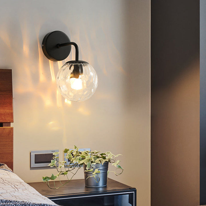 Ball Shaped Wall Lamp Minimalist Clear Rippling Glass 1-Light Bedroom Wall Mounted Lighting with Bent Arm in Black/Gold | Kalsten