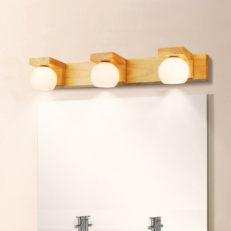 Linear Bathroom Vanity Sconce Wood 2/3 Heads Nordic Wall Mount Lamp with Ball Opal Glass Shade | Kalsten