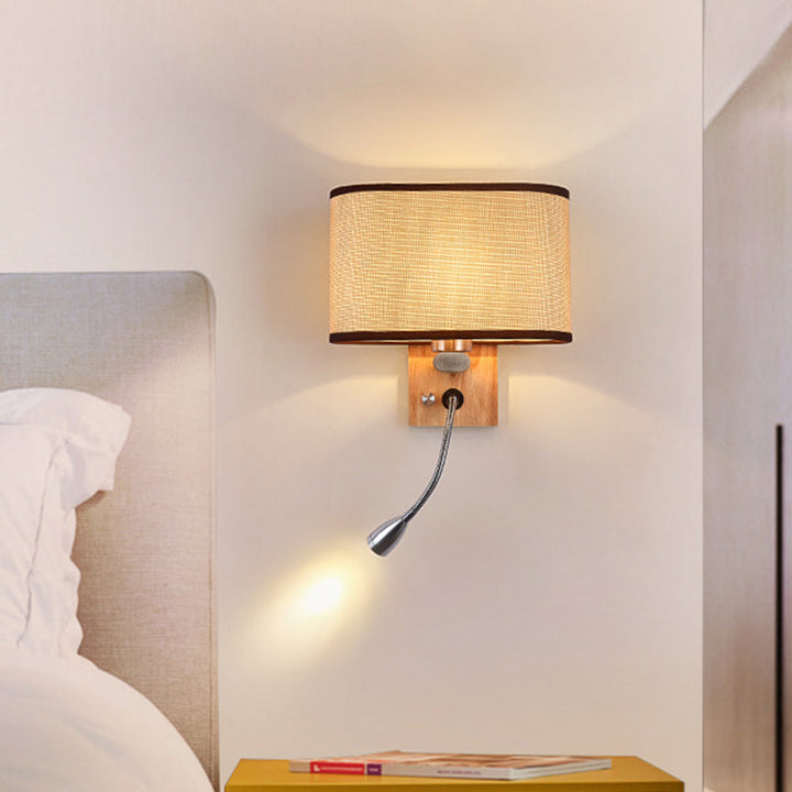 Flexible Spotlight Bedside Reading Light Fabric Single Nordic Wall Lamp with Oval Fabric Shade in Beige/Flaxen/Champagne | Kalsten