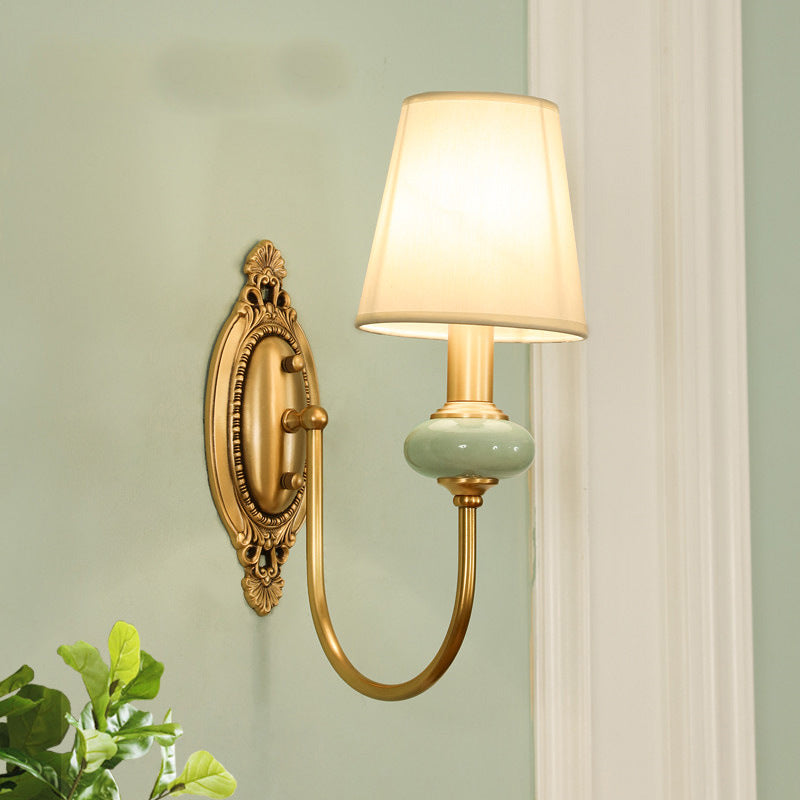 Gold Swoop Arm Wall Light Traditional Metal 1/2-Head Gold Sconce Lamp with Cone Shade and Faux Jade Decor | Kalsten