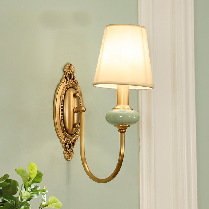 Gold Swoop Arm Wall Light Traditional Metal 1/2-Head Gold Sconce Lamp with Cone Shade and Faux Jade Decor | Kalsten