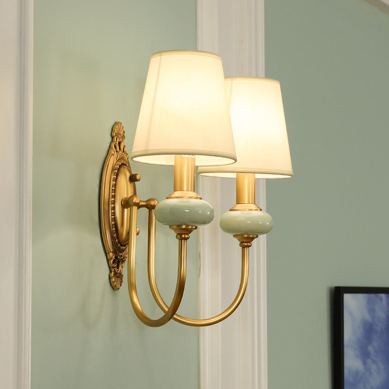 Gold Swoop Arm Wall Light Traditional Metal 1/2-Head Gold Sconce Lamp with Cone Shade and Faux Jade Decor | Kalsten