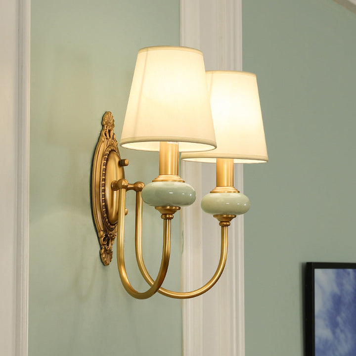 Gold Swoop Arm Wall Light Traditional Metal 1/2-Head Gold Sconce Lamp with Cone Shade and Faux Jade Decor | Kalsten