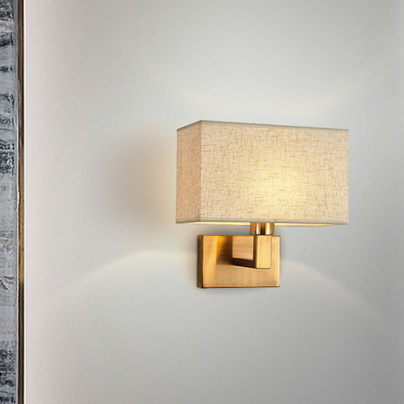 Postmodern Cuboid Sconce Lamp Fabric 1-Light Bedside Reading Wall Light in White/Beige/Brown with Black/Gold Arm | Kalsten