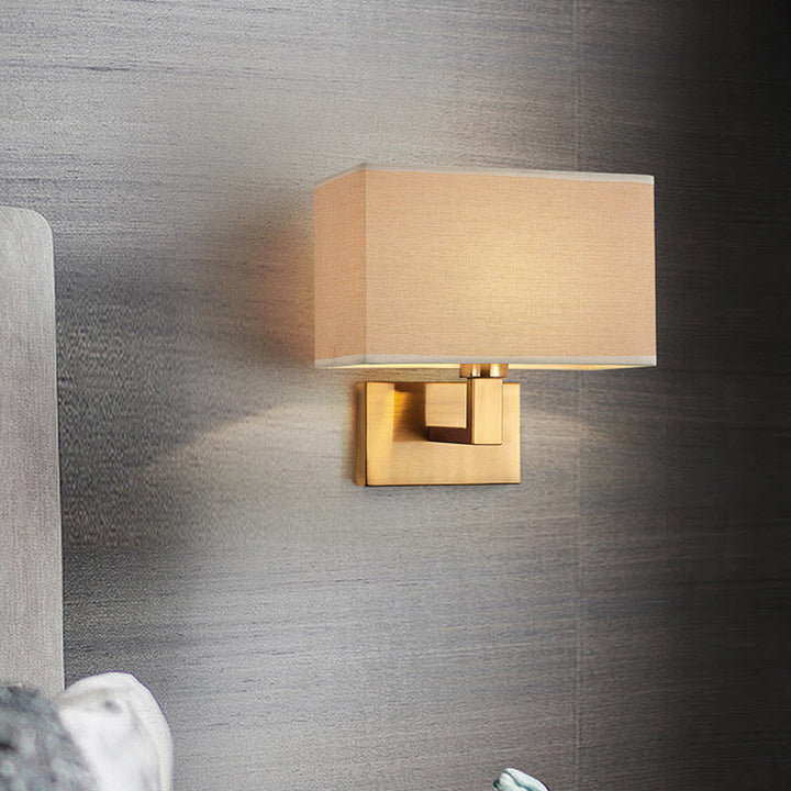 Postmodern Cuboid Sconce Lamp Fabric 1-Light Bedside Reading Wall Light in White/Beige/Brown with Black/Gold Arm | Kalsten