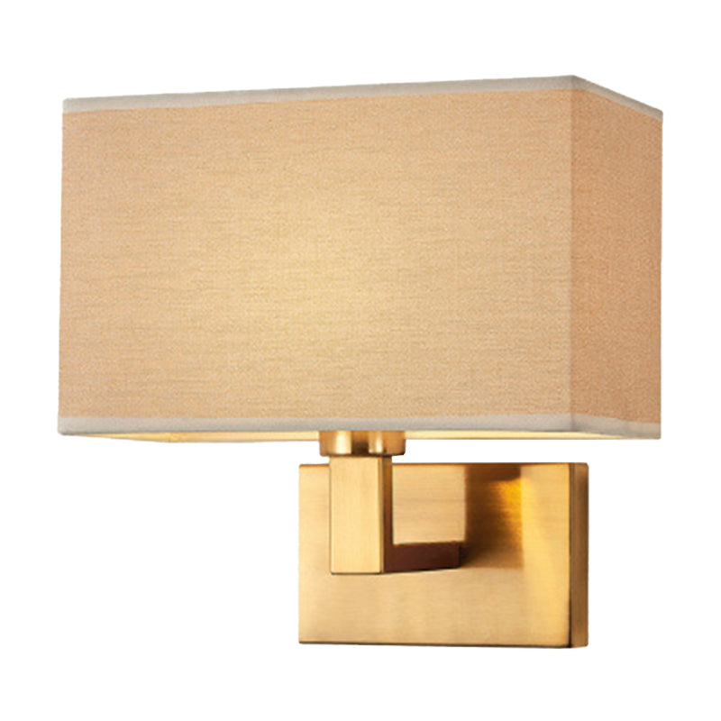 Postmodern Cuboid Sconce Lamp Fabric 1-Light Bedside Reading Wall Light in White/Beige/Brown with Black/Gold Arm | Kalsten