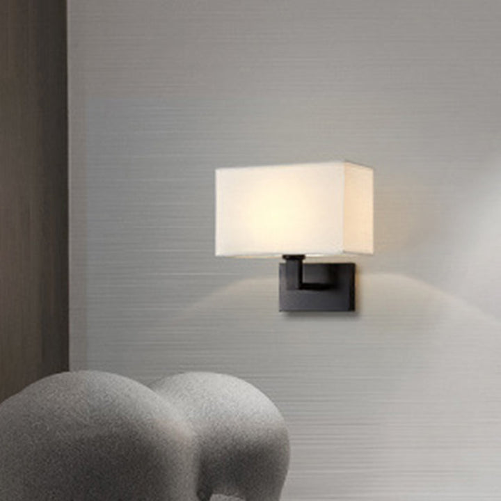Postmodern Cuboid Sconce Lamp Fabric 1-Light Bedside Reading Wall Light in White/Beige/Brown with Black/Gold Arm | Kalsten