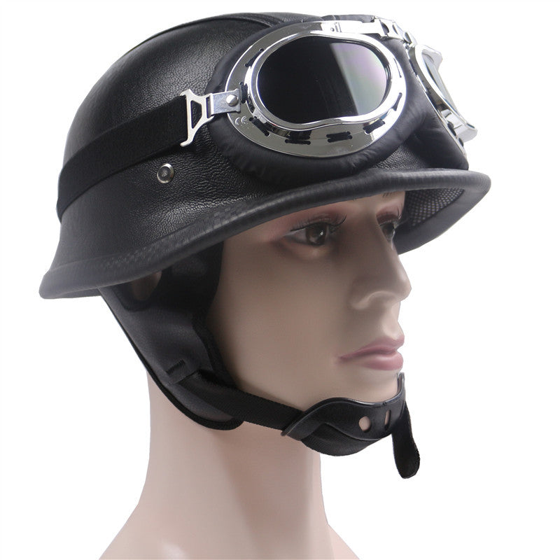 Vintage Leather Motorcycle Helmet with Chrome Goggles Kalsten