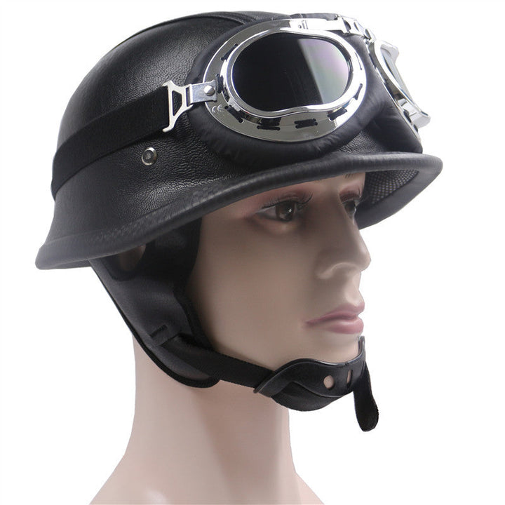 Vintage Leather Motorcycle Helmet with Chrome Goggles Kalsten