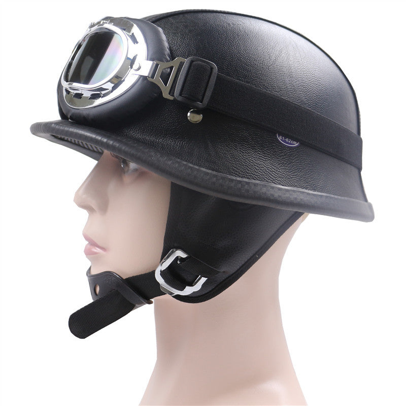 Vintage Leather Motorcycle Helmet with Chrome Goggles Kalsten