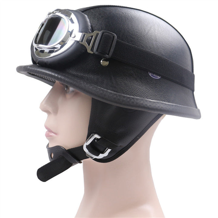Vintage Leather Motorcycle Helmet with Chrome Goggles Kalsten