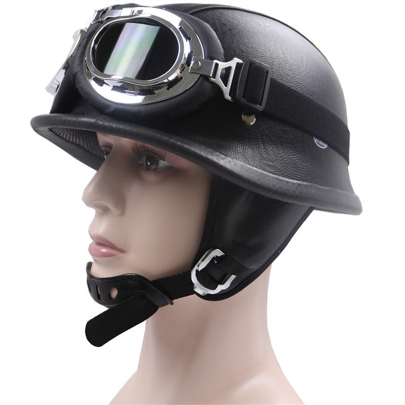 Vintage Leather Motorcycle Helmet with Chrome Goggles Kalsten
