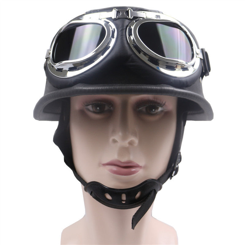 Vintage Leather Motorcycle Helmet with Chrome Goggles Kalsten