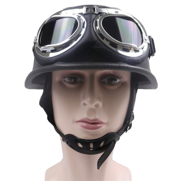 Vintage Leather Motorcycle Helmet with Chrome Goggles Kalsten
