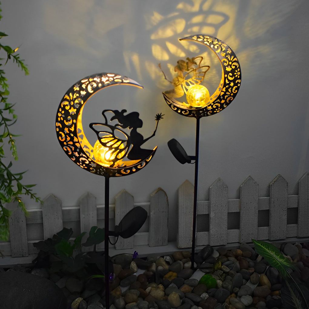 Iron Moon Flame Creative Hollow Projection Cracked Glass Solar Lawn Lights | Kalsten