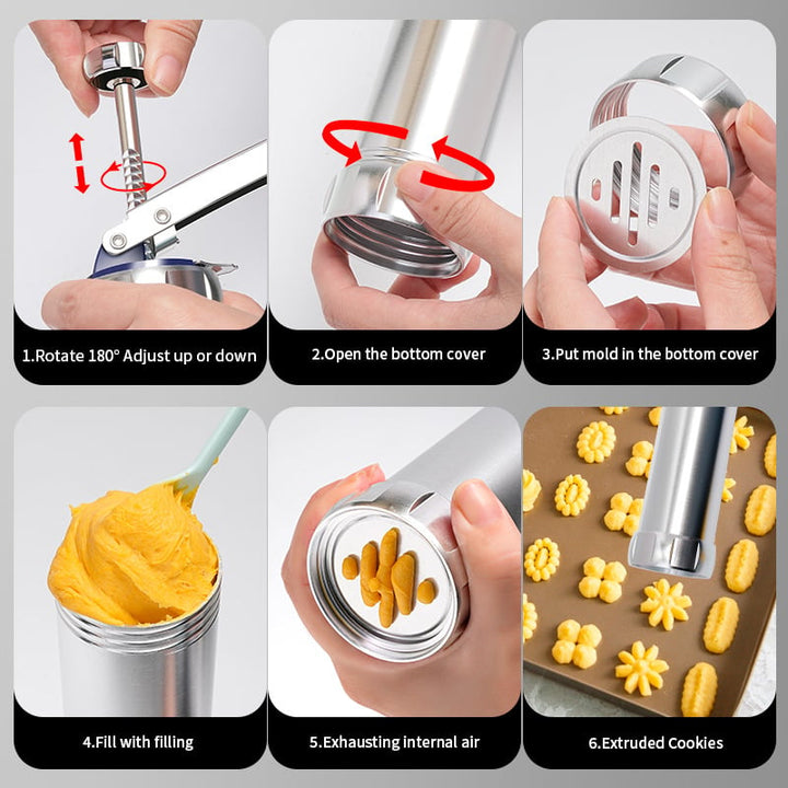 Kalsten | Cookie Press Kit | 20 Stainless Steel Discs & 4 Nozzles | Adjustable Size & Easy Clean | BakeJoy