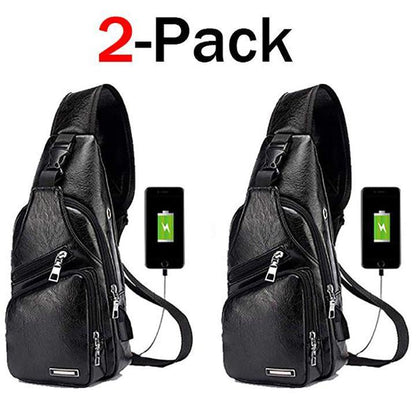 Karnz | Large Men's Leather Bag Chest Backpack Waterproof Crossbody Bag with USB
