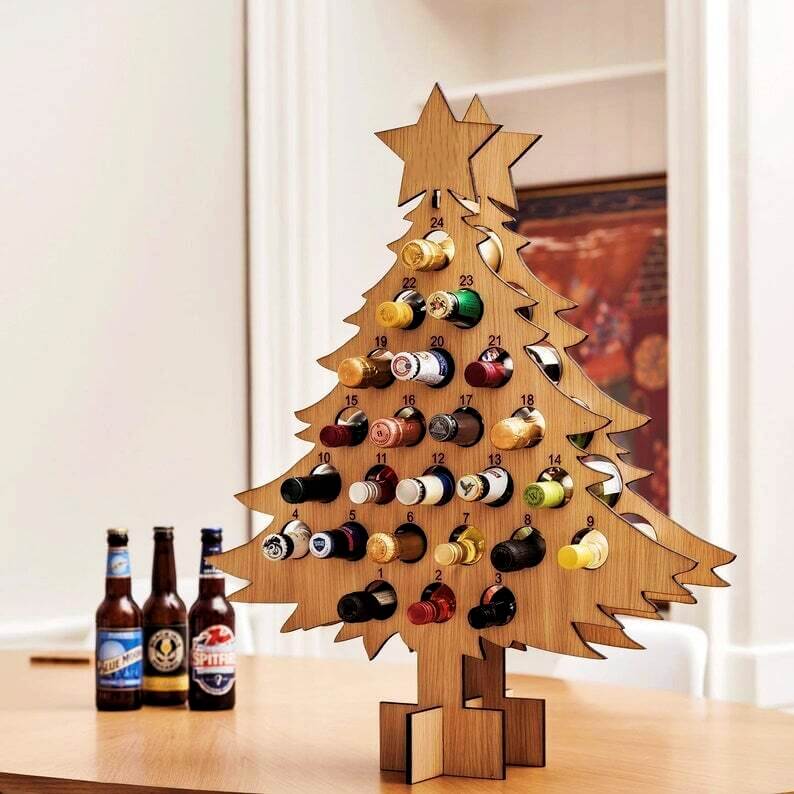 Christmas Advent Calendar Tree – Wooden Beer & Wine Holder, Reusable Birch Wood