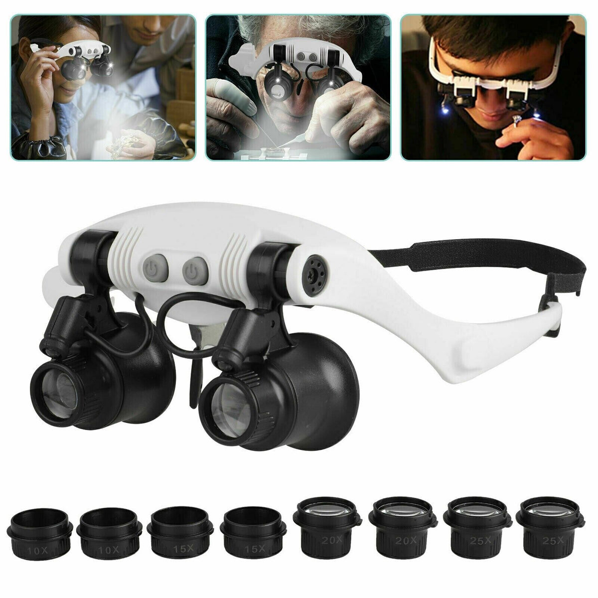 Skanto | Headband Magnifier 8 Lenses LED Light Jewelers Glasses