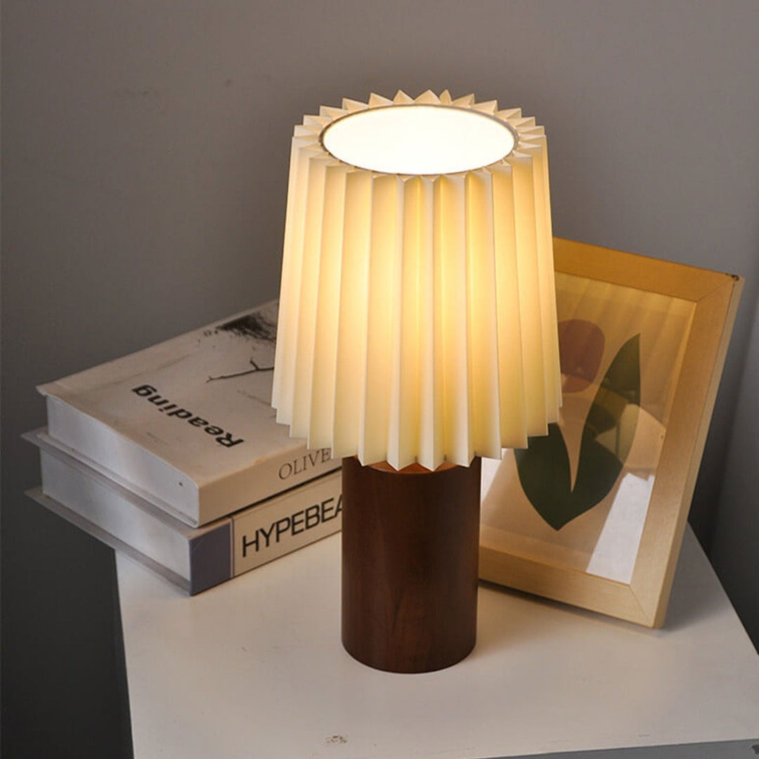 Vintage Korean Pleated Column Solid Wood Base 1-Light Table Lamp | Kalsten