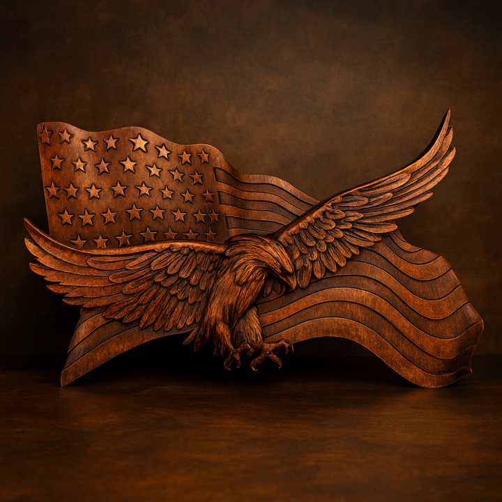 Kalsten | American Flag Wood Wall Art Hand Carved Eagle Patriotic Decoration