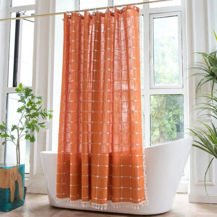Kalsten | Cotton  Shower Curtain Check Print Fringes Waterproof Machine Washable Bathroom Decor
