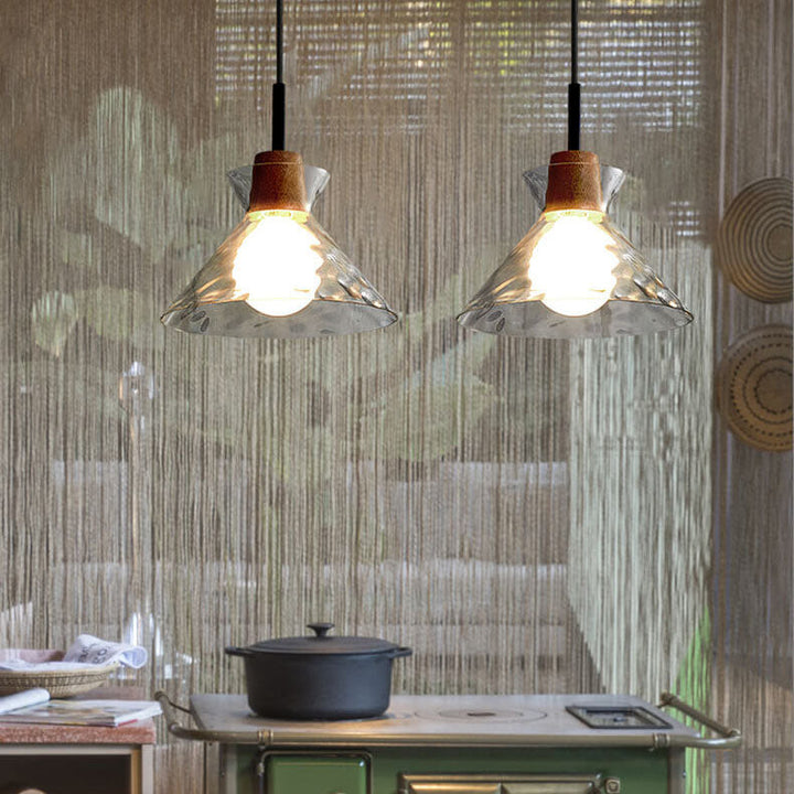 Pendant Light Glass Wood 9.8 in Adjustable Modern Bedroom Living Room Study Ceiling Lamp | Kalsten