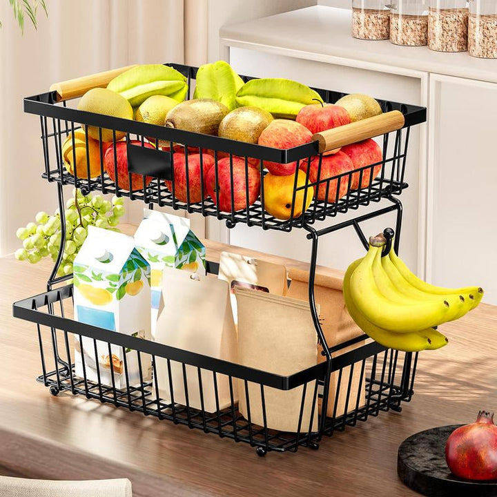Kalsten | 2-Tier Metal Fruit & Vegetable Storage Rack with Hooks
