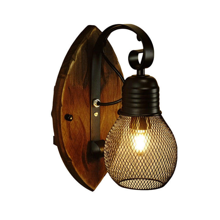 Rustic Antique Wood Iron Hollow Mesh Black E27 Industrial Style Wall Lamp | Kalsten