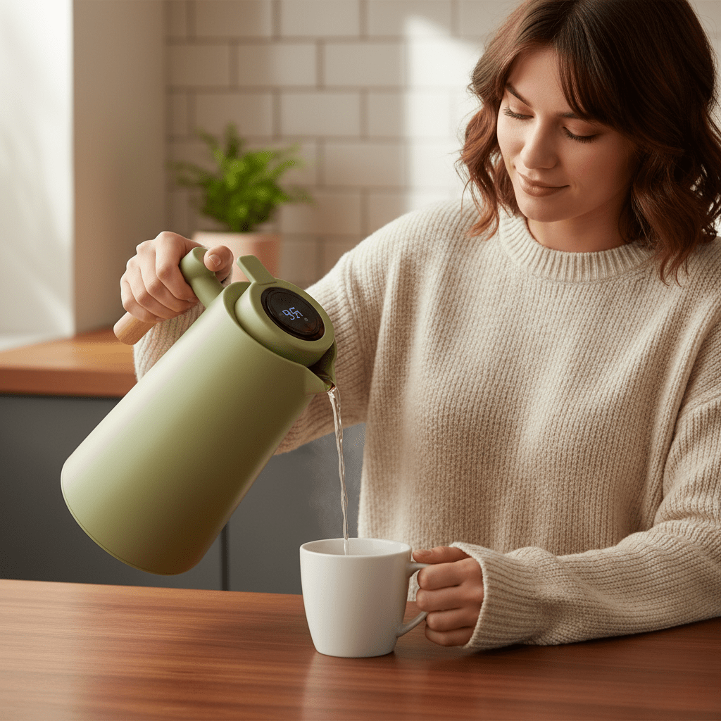 Skanto | Double Wall Thermos Carafe with Temperature Display and Wood Handle