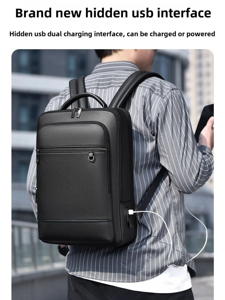 Kalsten | Elegant leather rucksack for men/women with USB port for laptop and everyday use, 15.6 inch, black