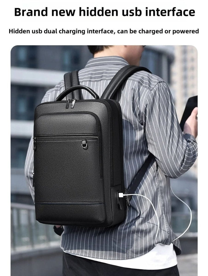 Kalsten | Elegant leather rucksack for men/women with USB port for laptop and everyday use, 15.6 inch, black
