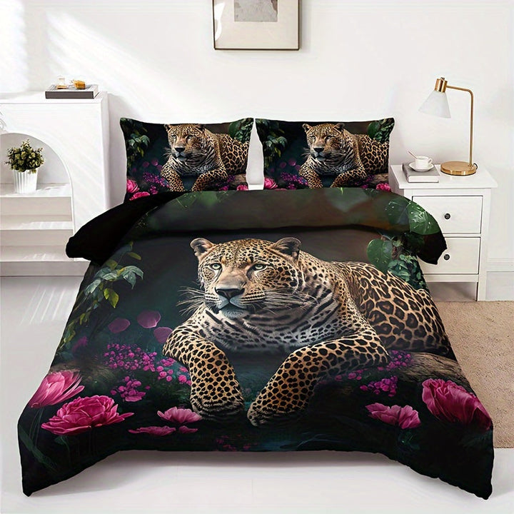 Luxurious Animal Print Bedding Set with Rose Pattern - 3-piece Kalsten