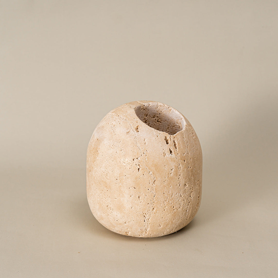 Kalsten | Beige Travertine Stone Match Holder and Toothpick Jar