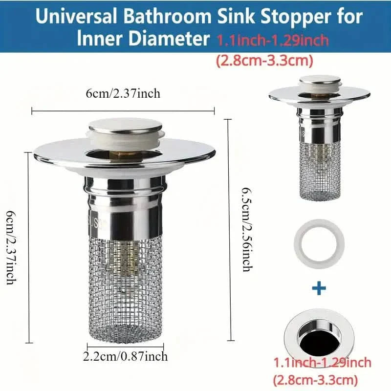 BowLift | 2-Pack: Pop-Up Wash Basin Plugs with Stainless Steel Strainer and Hair Strainer